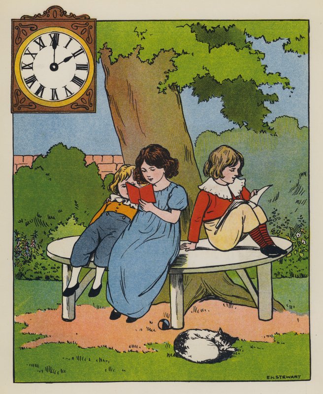 Leestijd (kleur litho) door Elise H. Stewart
