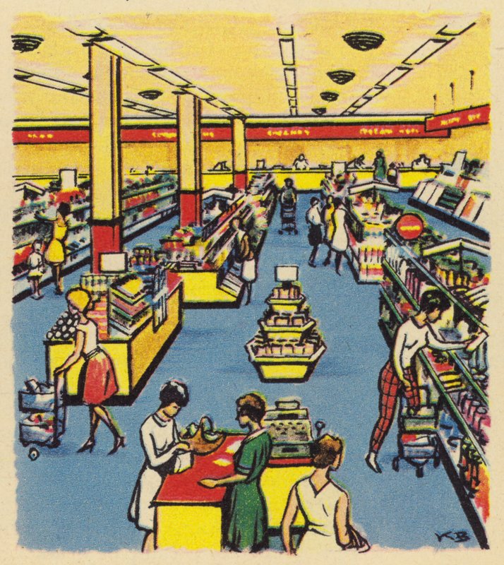 Een vroege zelfbedieningswinkel of supermarkt in Groot-Brittannië, ca. 1950 door English School
