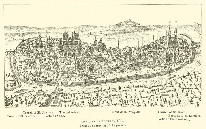 De stad Reims in 1635 (van een gravure uit die tijd) door English School