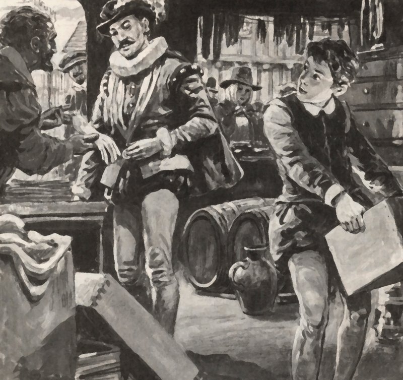 William Shakespeare als jongen, helpt zijn vader in de winkel door English School