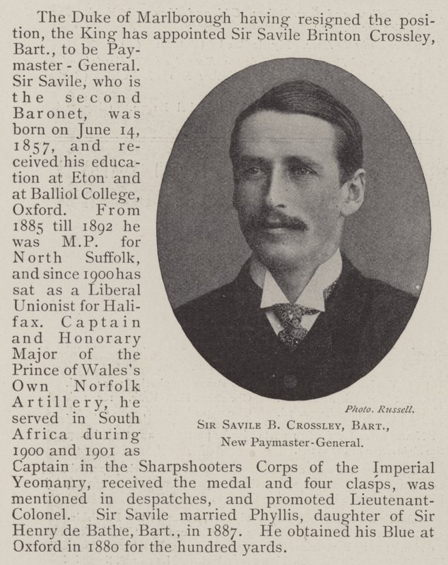 Sir Savile B Crossley, Baronet, Nieuwe Paymaster-Generaal door English Photographer
