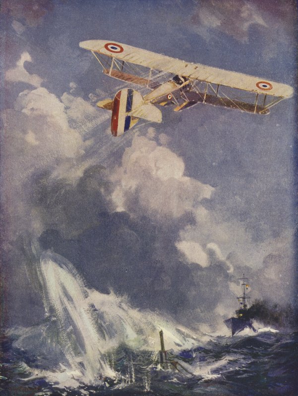 Een watervliegtuig dat een onderzeeër bombardeert door English School