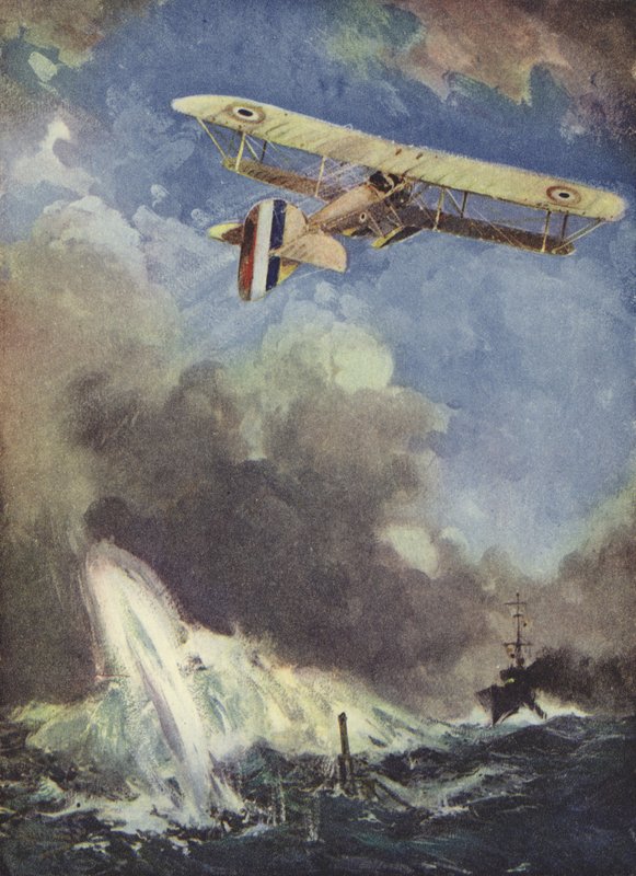 Een watervliegtuig dat een onderzeeër bombardeert door English School