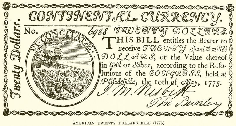 Amerikaanse twintig dollarbiljet (1775) door English School
