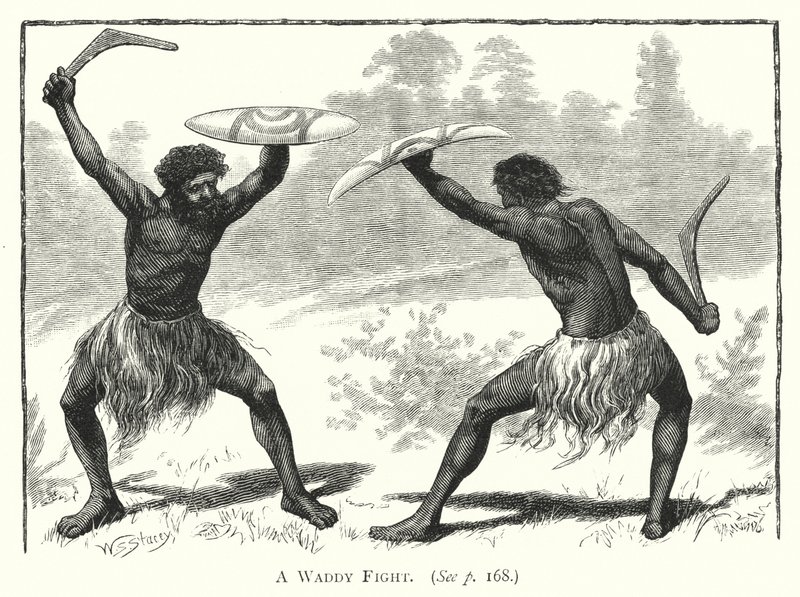 Australië: Een Waddy Gevecht (gravure) door English School