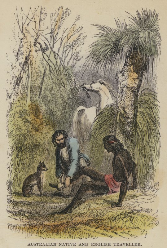 Australische inboorling en Engelse reiziger (gekleurde gravure) door English School