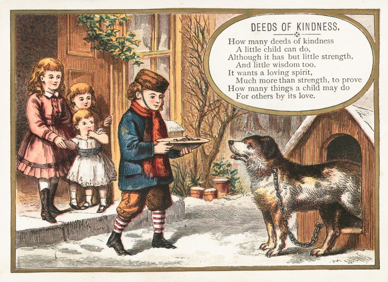 Jongen voedt hond in kennel, Kerstkaart door English School