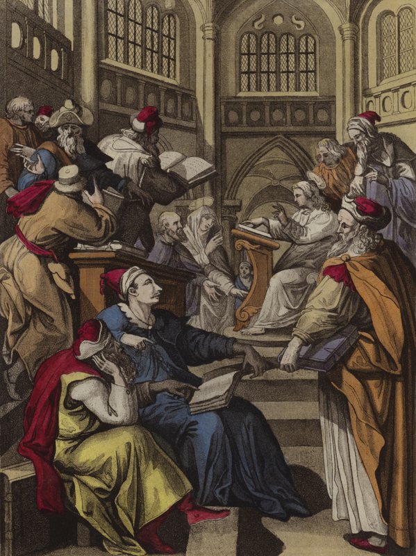 Christus ondervraagt de dokters (kleur litho) door English School