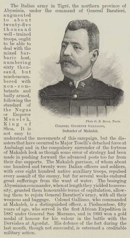 Kolonel Giuseppe Galliano, verdediger van Makaleh (gravure) door English School
