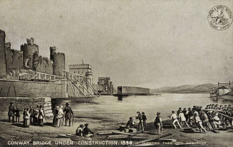 Conway Bridge in aanbouw, 1848 door English School