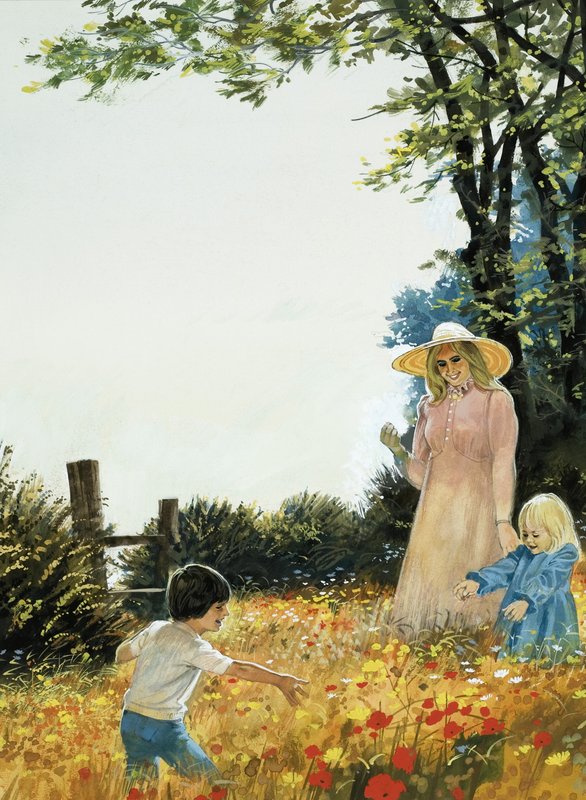 Familie in bloeiend veld door English School