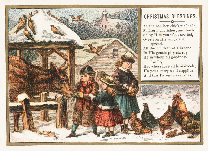 Dieren voeren in de sneeuw, Kerstkaart door English School
