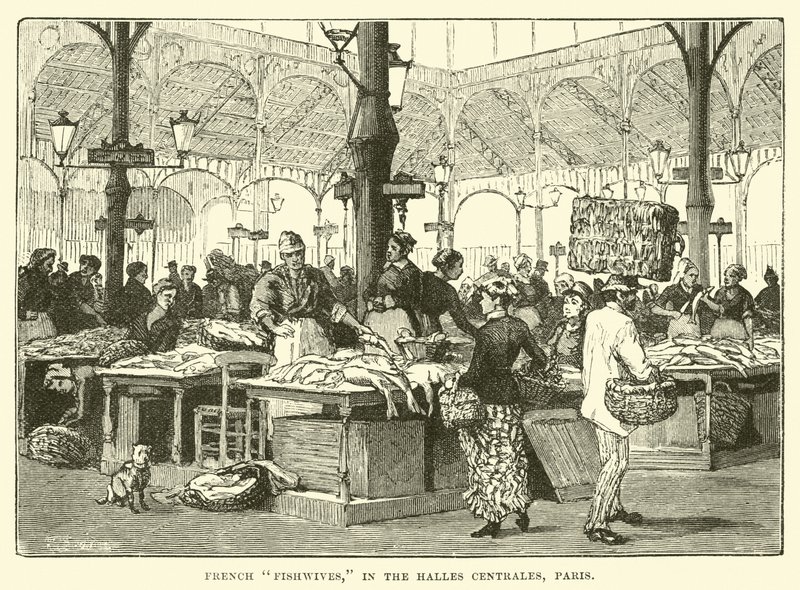 Franse visvrouwen, in de Halles Centrales, Parijs door English School