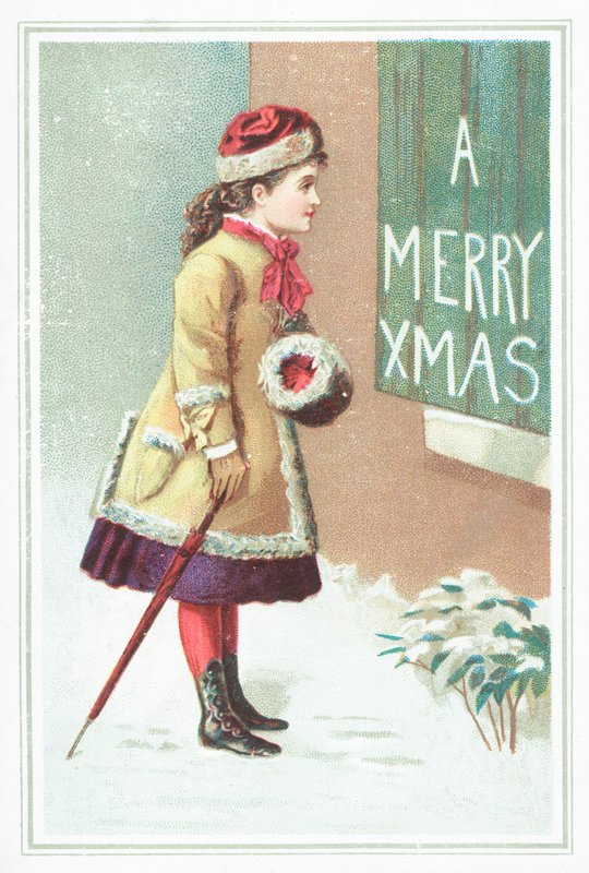 Meisje leest kerstbord, Kerstkaart door English School