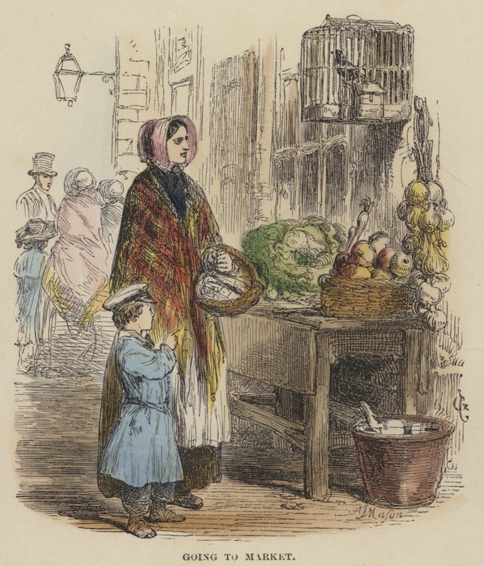 Naar de markt gaan (gekleurde gravure) door English School