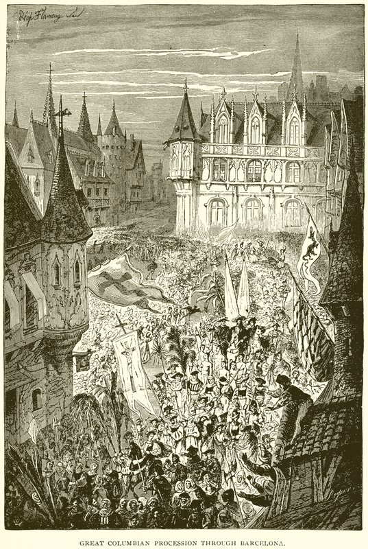 Grote Columbian Processie door Barcelona door English School