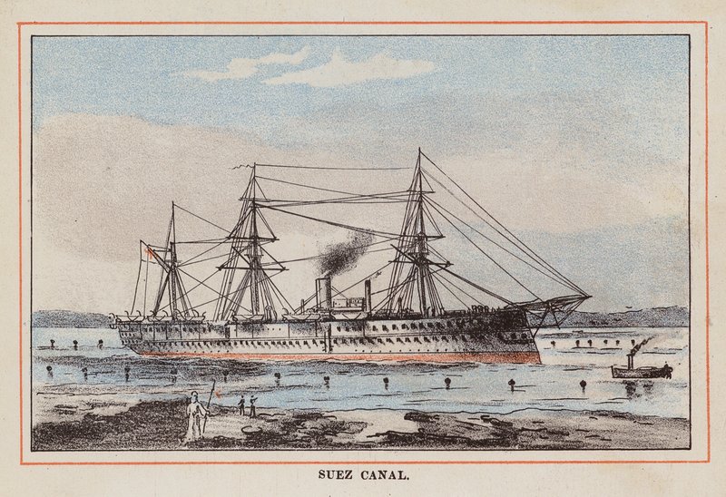 HM Indisch Troepenschip: Suezkanaal (gekleurde gravure) door English School