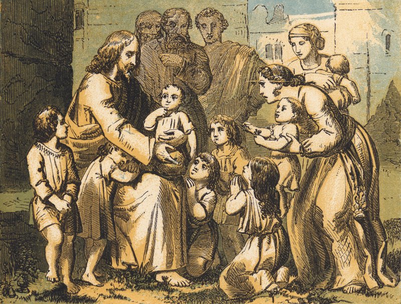Jezus zegent kleine kinderen (gekleurde gravure) door English School