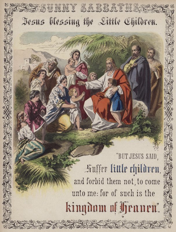 Jezus zegent de kleine kinderen (gekleurde gravure) door English School