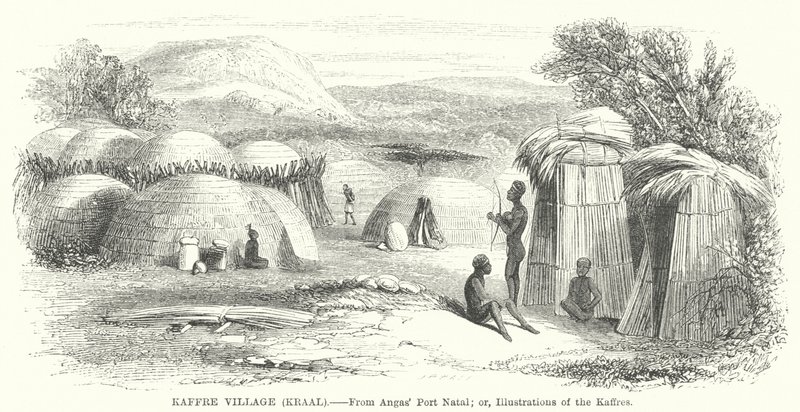 Kaffre dorp, Kraal (gravure) door English School