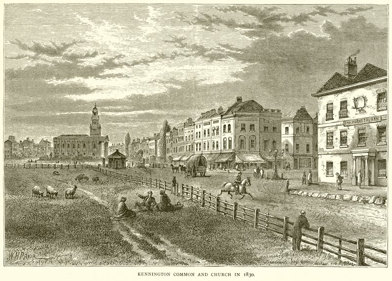 Kennington Common en Kerk in 1830 door English School