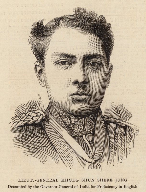 Luitenant-generaal Khudg Shun Shere Jung (gravure) door English School