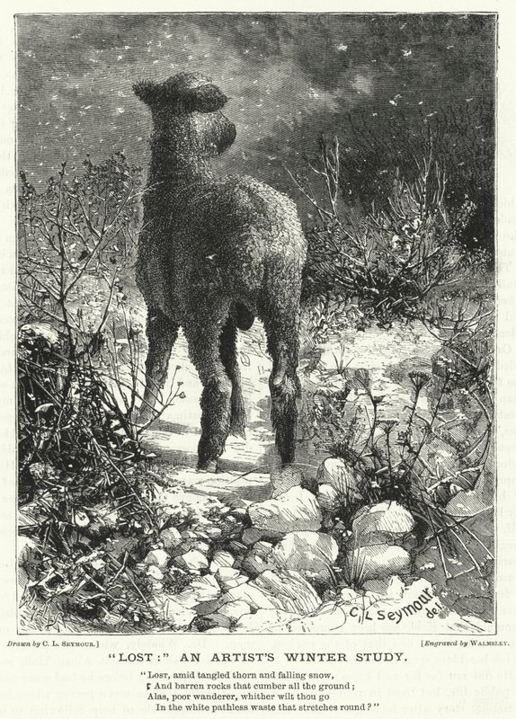 "Verdwaald," een winterstudie van een kunstenaar (gravure) door English School