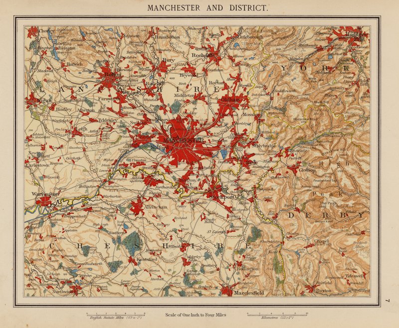 Manchester en omgeving (kleur litho) door English School