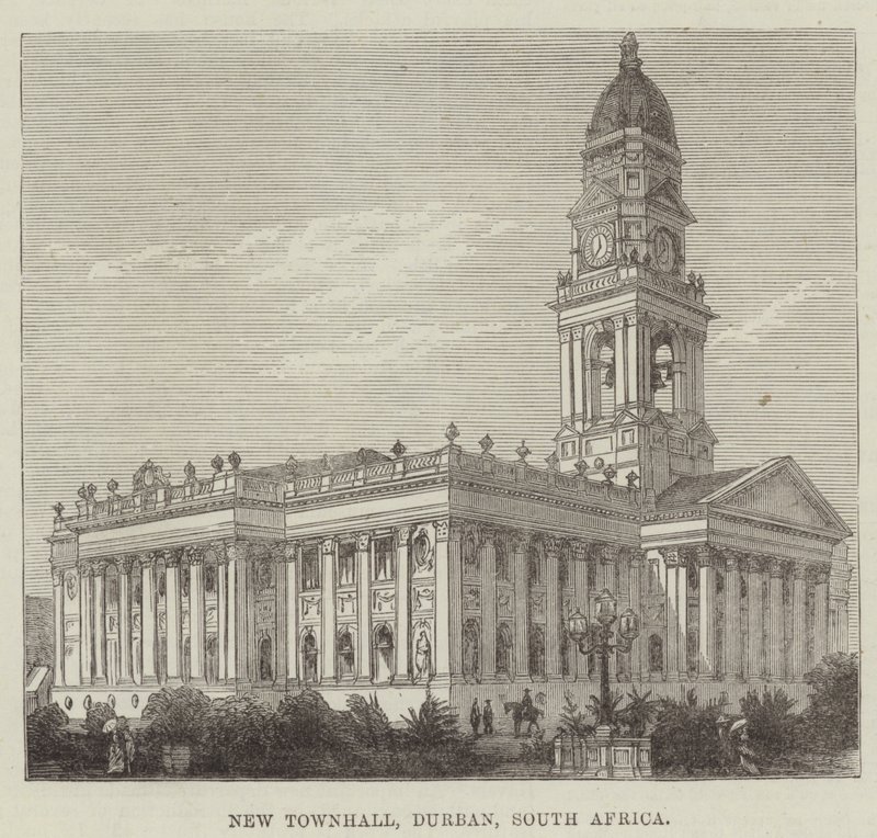 Nieuw Stadhuis, Durban, Zuid-Afrika (gravure) door English School