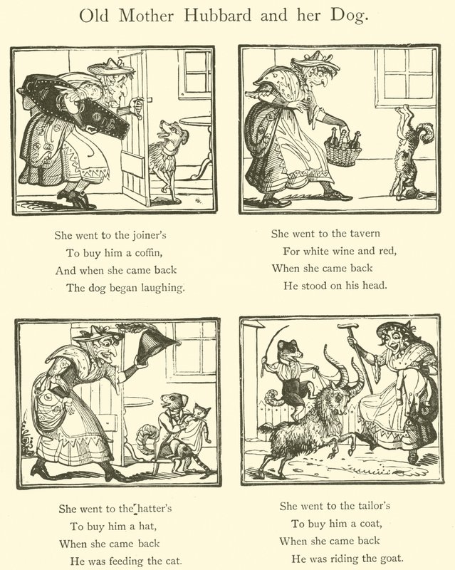 Oude Moeder Hubbard en haar hond (houtsnede) door English School