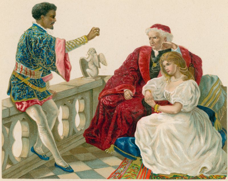 Othello praat met Desdemona en haar vader door English School