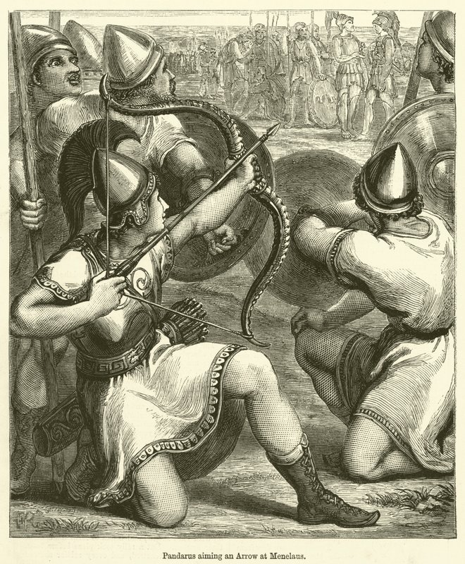 Pandarus richt een pijl op Menelaus (gravure) door English School