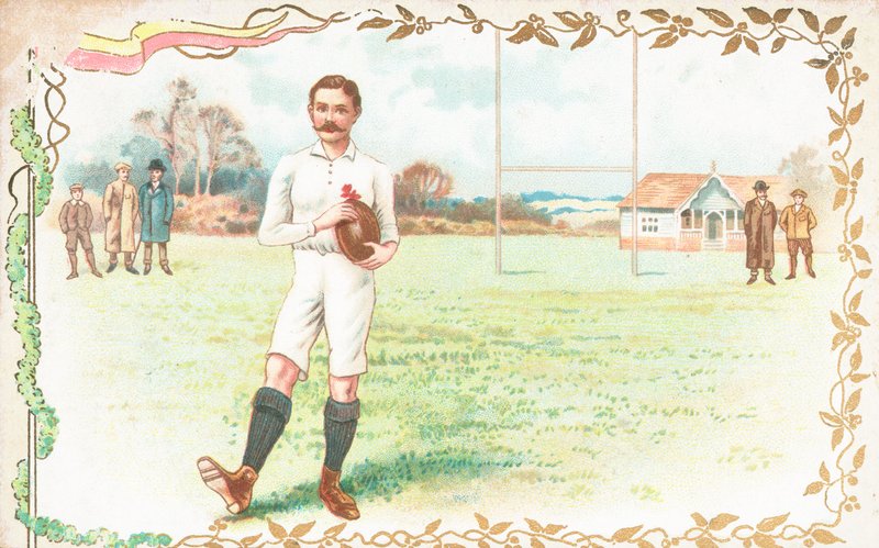 Ansichtkaart met mannen die rugby spelen door English School