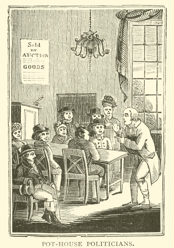 Politici in een kroeg (houtsnede) door English School