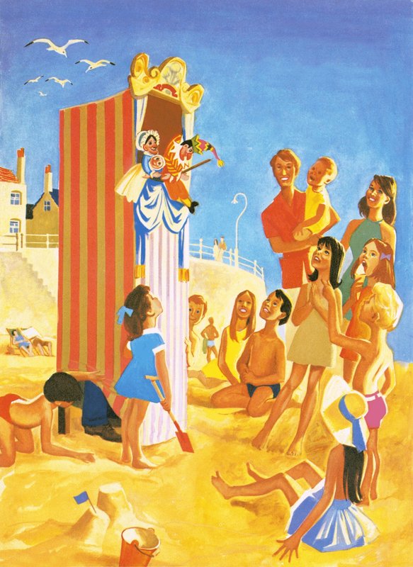 Punch en Judy show op het strand door English School