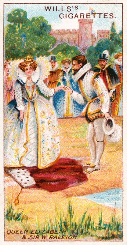 Koningin Elizabeth en Sir Walter Raleigh door English School