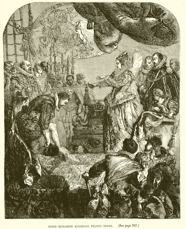 Koningin Elizabeth die Francis Drake tot ridder slaat door English School
