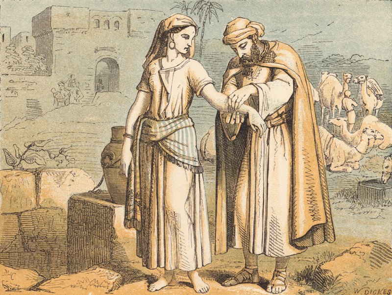 Rebekka bij de bron (gekleurde gravure) door English School