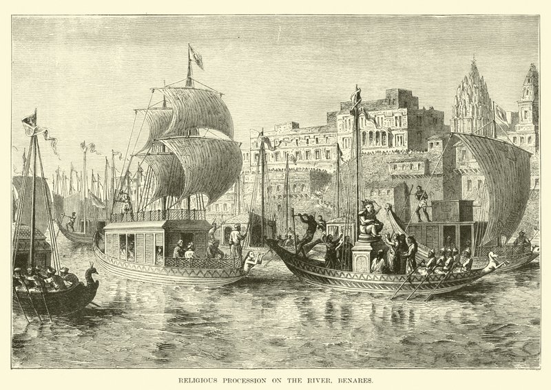 Religieuze processie op de rivier, Benares door English School