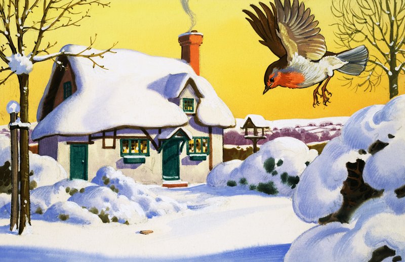 Roodborstje vliegt in de sneeuw door English School