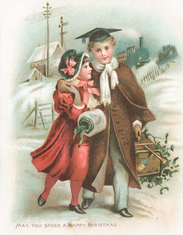 Romantisch koppel en stoomtrein, Kerstkaart door English School