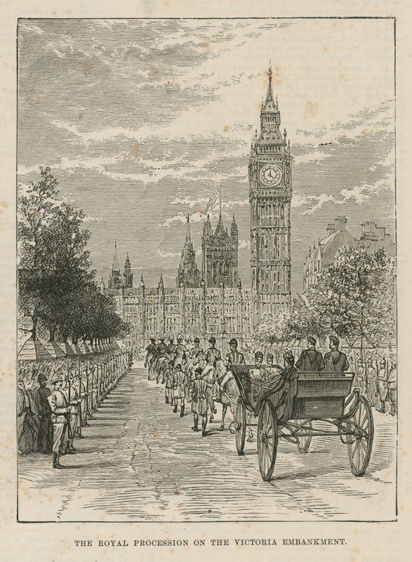 Koninklijke processie op de Victoria Embankment door English School