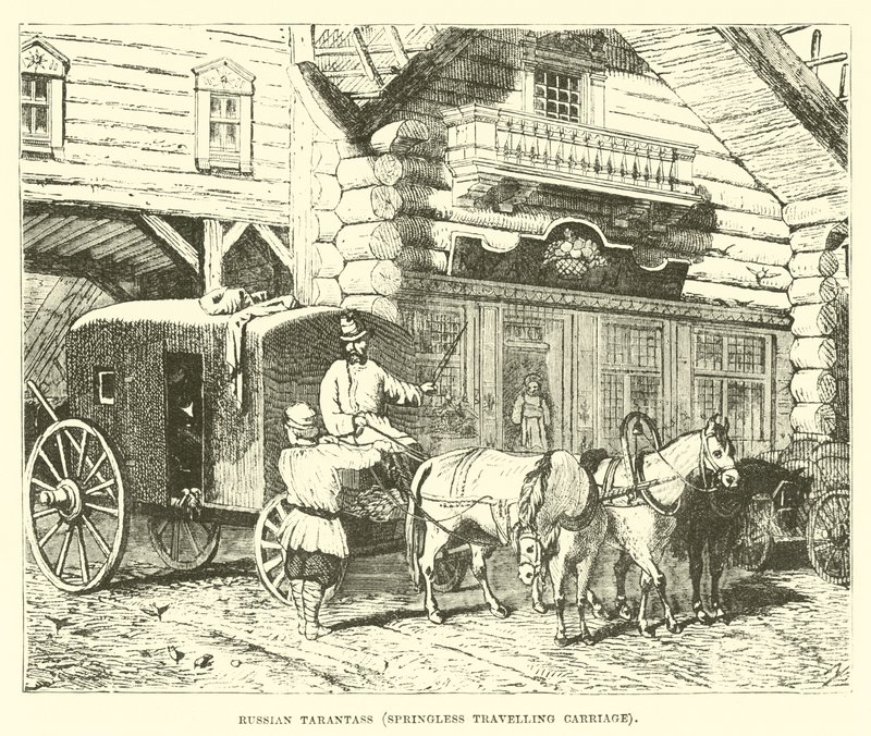 Russische tarantass, veringloze reiswagen door English School