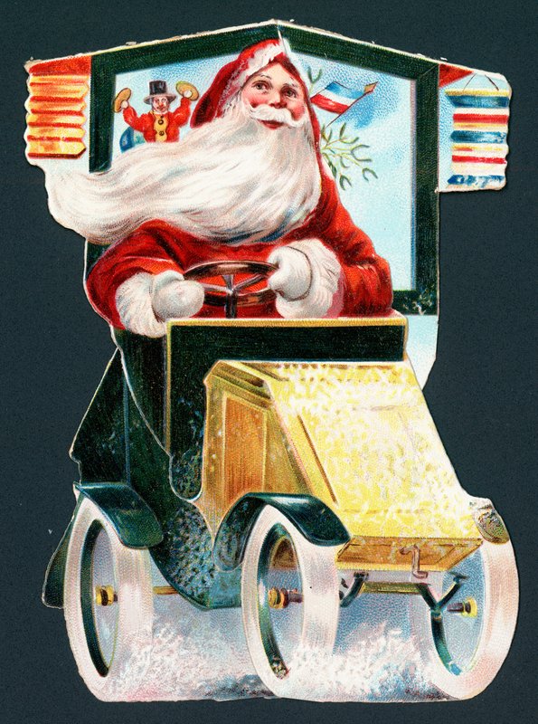 Kerstman die een auto bestuurt, kerstkaart door English School