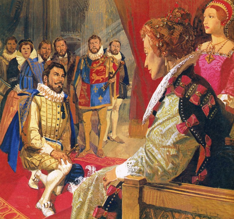 Sir Walter Raleigh voor koningin Elizabeth door English School