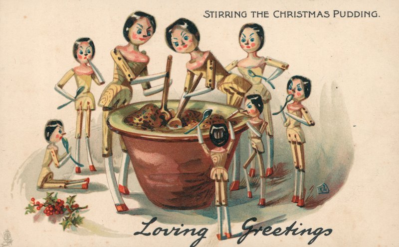 Het roeren van de kerstpudding door English School