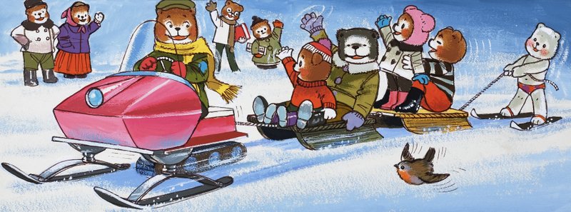 Teddyberen met sneeuwscooter door English School