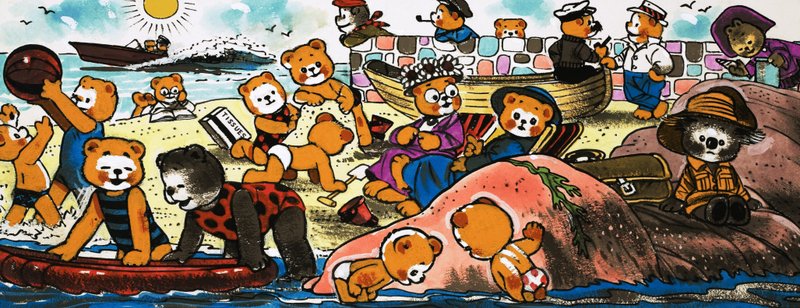 Teddyberen spelen op het strand door English School