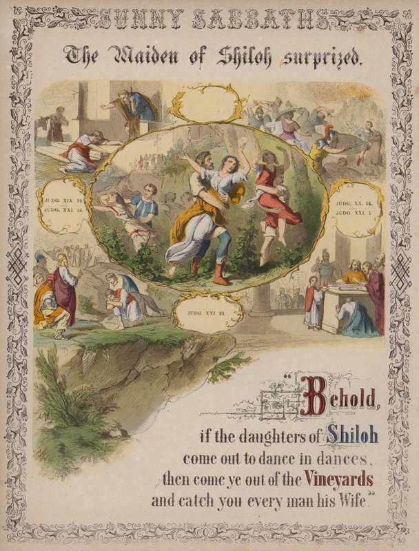 De Maagd van Shiloh verrast (gekleurde gravure) door English School