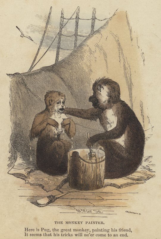 De Apen Schilder (gekleurde gravure) door English School
